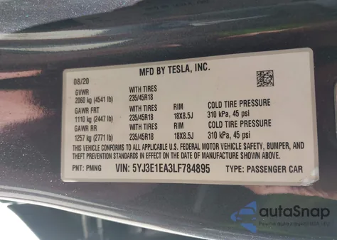 2020 Tesla Model 3 Standard Range Plus Rear-Wheel Drive/Standard Range Rear-Wheel Drive z USA, uszkodzony, nr VIN 5YJ3E1EA3LF784895